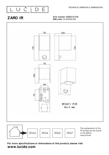 Lucide ZARO IR - Wandstrahler / Wandleuchte Innen/Außen - 1xGU10 - IP65 - Bewegung und Tag/Nacht-Sensor (Abschaltbar) - Schwarz - technisch